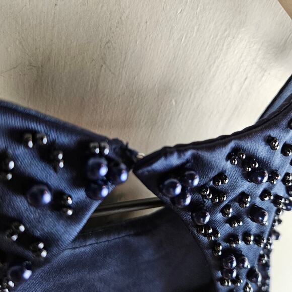 Navy Blue Halter Sleeveless Satin Beaded & Tulle Mini Dress M? Keyhole Back - Picture 8 of 9